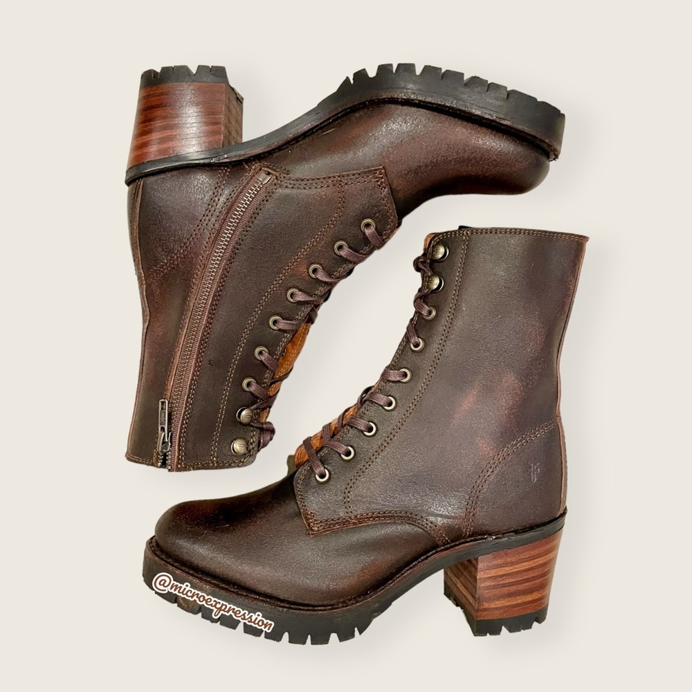 $528 Frye Sabrina Moto Brown Lace Up Leather Chunky Lug Heel Combat Ankle Bootie - Picture 8 of 16